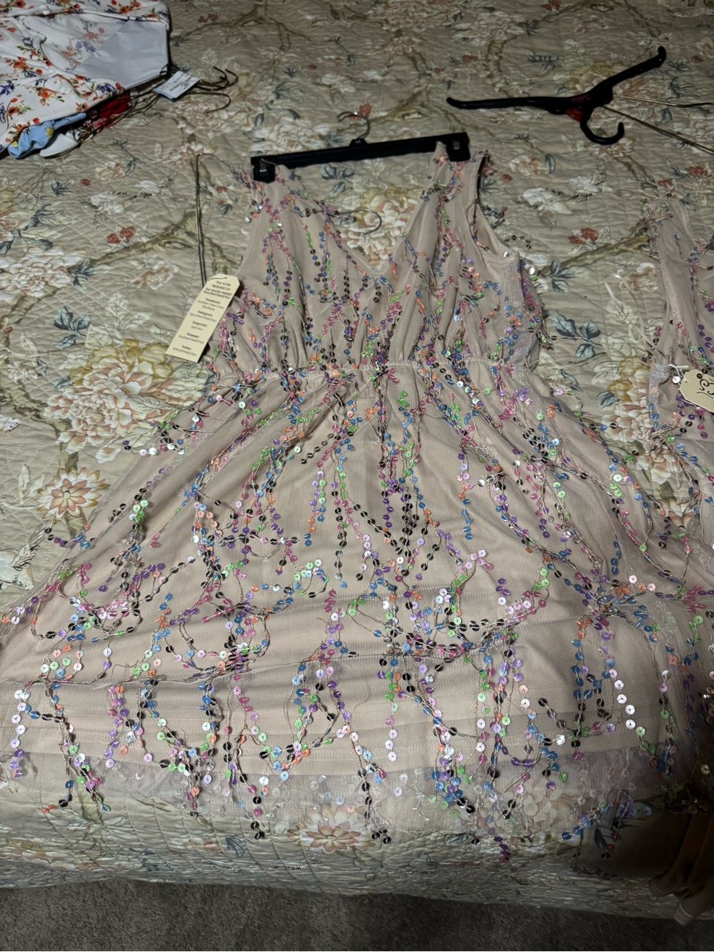 Embellished Nude Sequin A-Line Dress